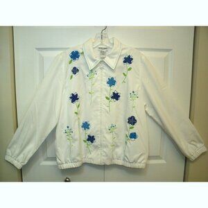 Alfred Dunner Light Weight Jacket, White w/Blue Flower Decoration, 12 Petite